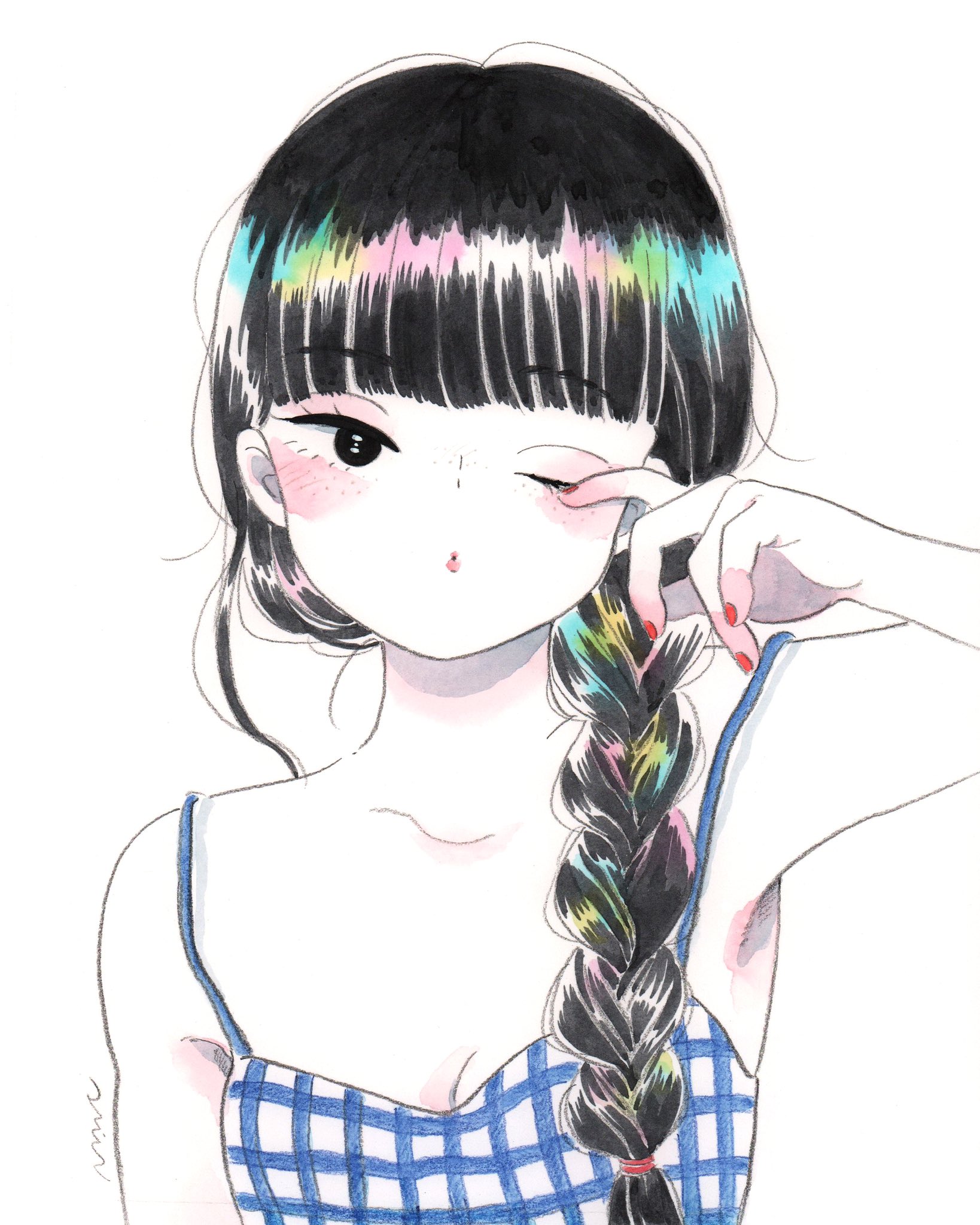 emamemamo33, original, highres, painting (medium), traditional media, watercolor (medium), 1girl, :o, bare shoulders, black hair, blunt bangs, blush, braid, collarbone, colored skin, fingernails, gingham dress, hair behind ear, long hair, looking at viewer, nail polish, one eye closed, red nails, rubbing eyes, signature, single braid, solo, spaghetti strap, straight-on, white skin