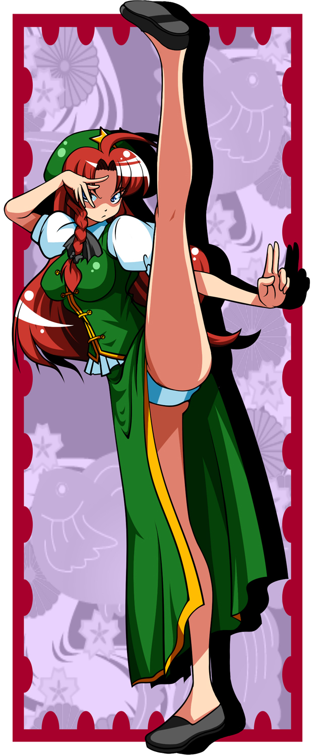 ranchuu, ranchuu (akamusume), hong meiling, immaterial and missing power, touhou, bad id, bad pixiv id, highres, 1girl, blue eyes, braid, china dress, chinese clothes, dress, female focus, fighting stance, flexible, hair ribbon, hat, legs, long hair, panties, pantyshot, red hair, ribbon, solo, split, standing, standing on one leg, standing split, twin braids, underwear