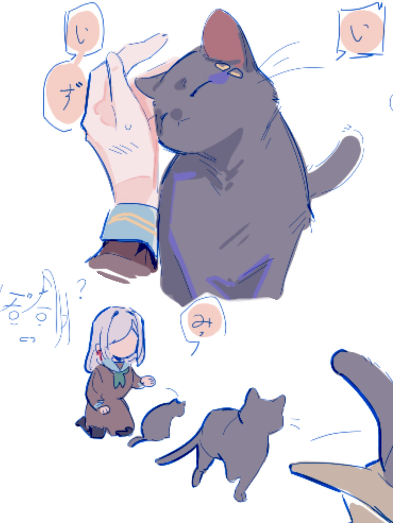 pipi (m1x mix), ceras yanagida lilienfeld, katsuragi izumi, link! like! love live!, love live!, commentary, highres, 1girl, animalization, aqua neckerchief, black cat, black pantyhose, brown dress, cat, colored speech bubble, dress, grey hair, hair ribbon, hasu no sora school uniform, kneehighs, long sleeves, neckerchief, pantyhose, parted lips, red ribbon, ribbon, sailor collar, sailor dress, school uniform, socks, speech bubble, virtual youtuber, white sailor collar, winter uniform