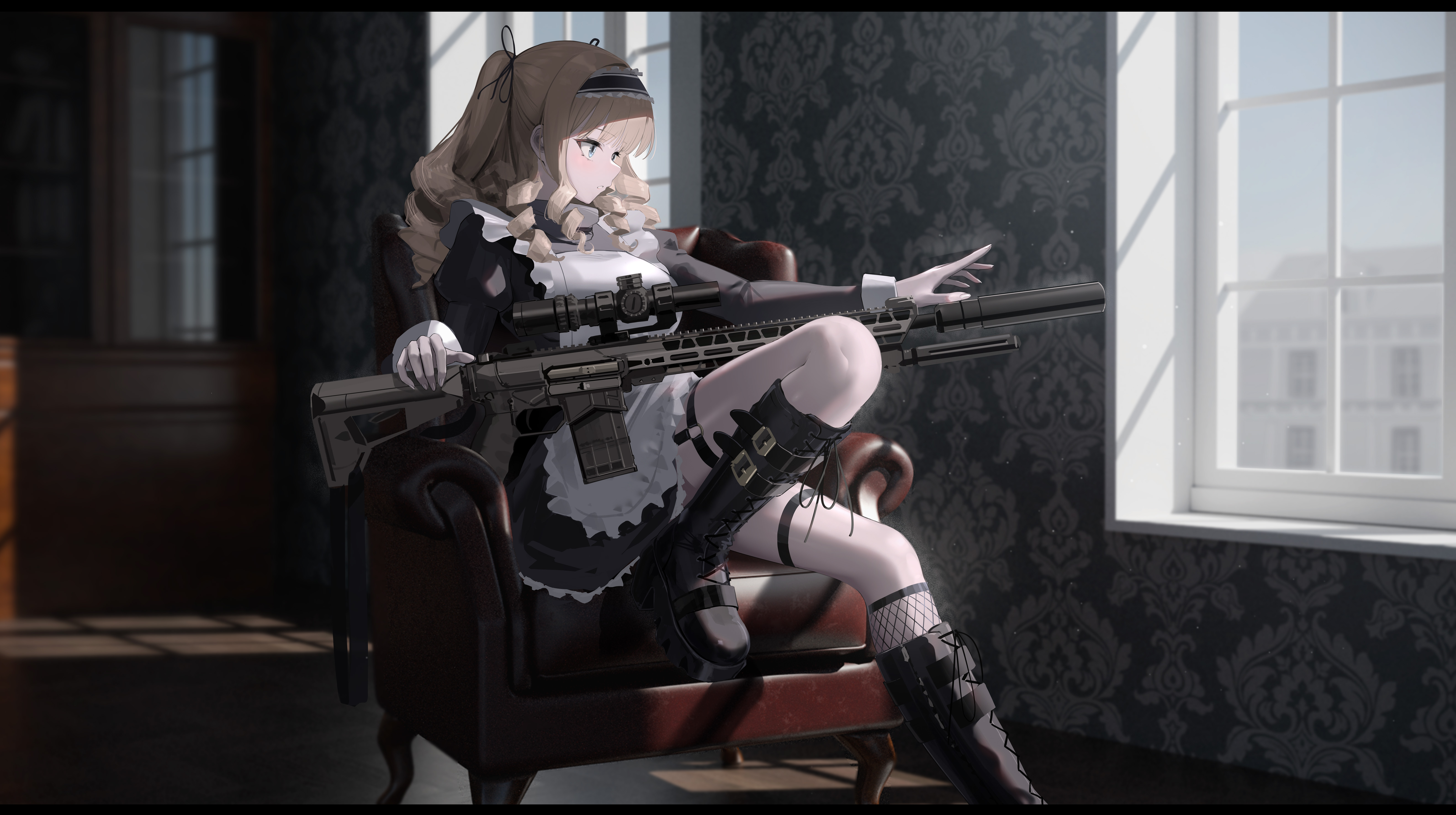 sthk, original, absurdres, commentary, highres, weapon request, 1girl, apron, black boots, black dress, black ribbon, blonde hair, blue eyes, blurry, blurry background, boots, breasts, chair, combat boots, day, dress, fishnet socks, fishnets, foot out of frame, frilled hairband, frills, gun, hair ribbon, hairband, indoors, lace-up boots, large breasts, long hair, long sleeves, looking to the side, maid, maid apron, o-ring, o-ring thigh strap, on chair, ponytail, ribbon, rifle, ringlets, scope, sitting, socks, solo, suppressor, thigh strap, wallpaper (object), weapon, white apron, window, wrist cuffs