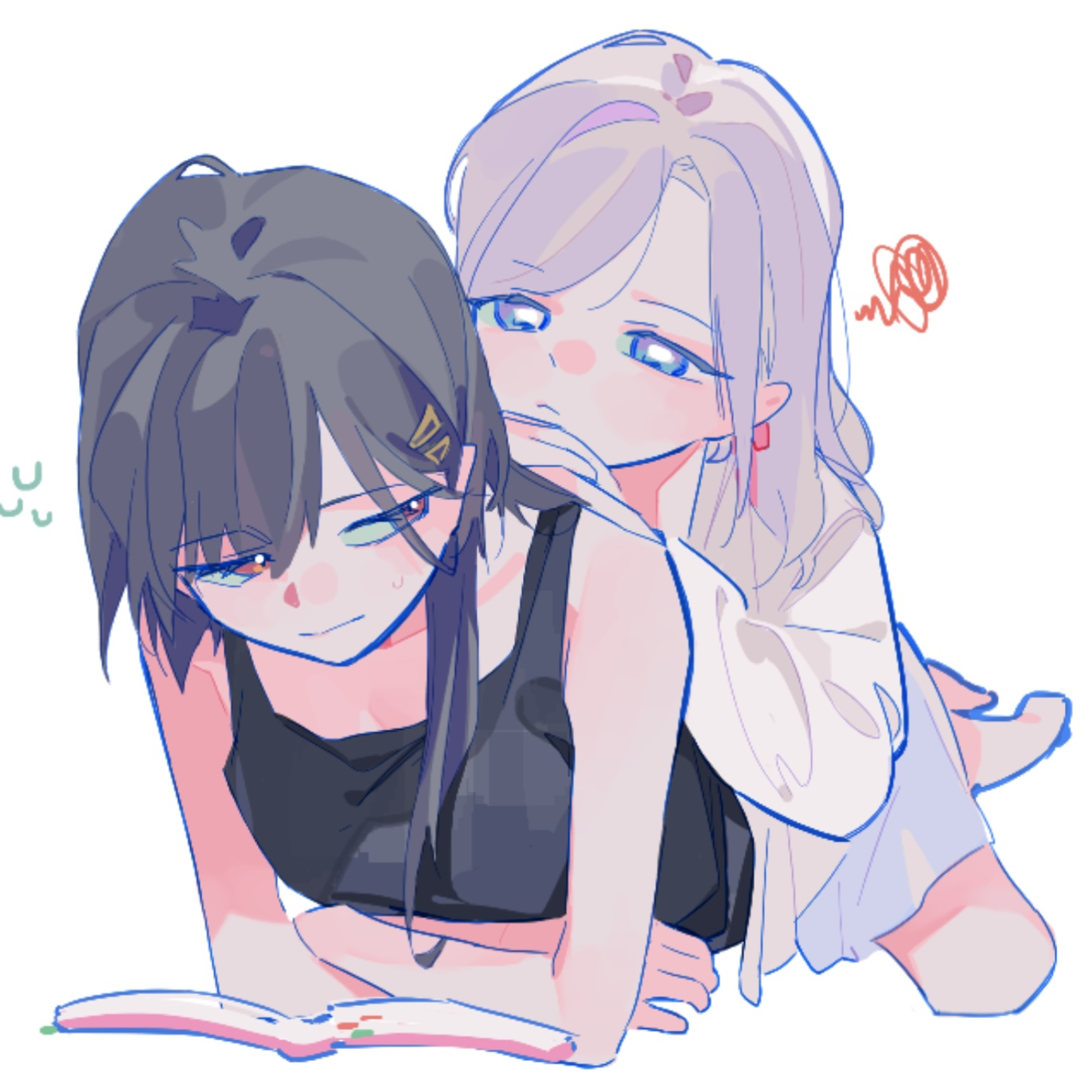 pipi (m1x mix), ceras yanagida lilienfeld, ceras yanagida lilienfeld (summer loungewear), katsuragi izumi, katsuragi izumi (summer loungewear), link! like! love live!, love live!, commentary, highres, 2girls, bare shoulders, black hair, black tank top, blue eyes, book, edel note, frown, grey hair, hair ornament, hair ribbon, half-closed eyes, jacket, jellyfish cut, long hair, long sleeves, looking at another, multiple girls, official alternate costume, open book, pink ribbon, ribbon, simple background, sitting, sitting on person, squiggle, sweatdrop, tank top, triangle hair ornament, virtual youtuber, white background, white jacket