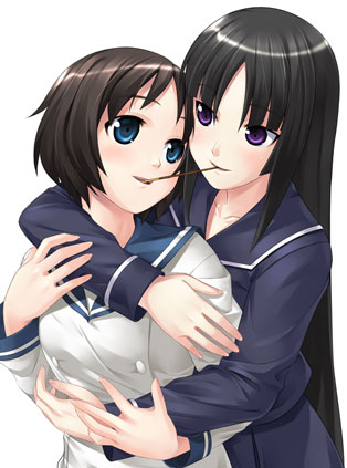 mizuki gyokuran, isayama yomi, tsuchimiya kagura, ga-rei, ga-rei zero, lowres, 00s, 2girls, black hair, blunt bangs, food, hime cut, hug, hug from behind, long hair, multiple girls, pocky, pocky kiss, school uniform, shared food, yuri