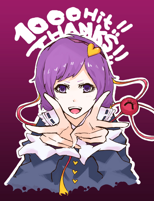 kakir, komeiji satori, touhou, 1girl, female focus, gradient background, milestone celebration, purple hair, solo, v
