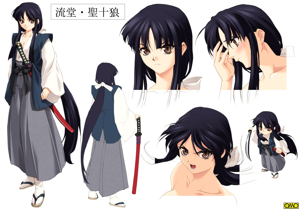 omc, original, 1girl, black hair, brown eyes, chibi, japanese clothes, long hair, multiple views, ponytail, reference sheet, sheath, sheathed, sword, turnaround, very long hair, weapon