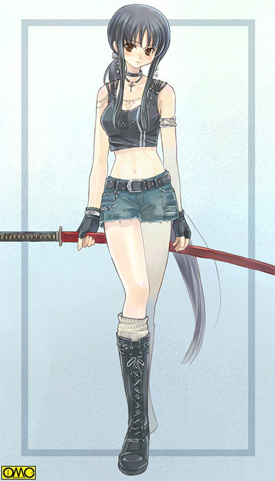 kuga tsukasa, omc, 1girl, armlet, belt, black hair, blush, boots, brown eyes, choker, cross, denim, denim shorts, earrings, female focus, fingerless gloves, gloves, jewelry, katana, long hair, midriff, ponytail, sheath, sheathed, shorts, solo, sword, very long hair, weapon