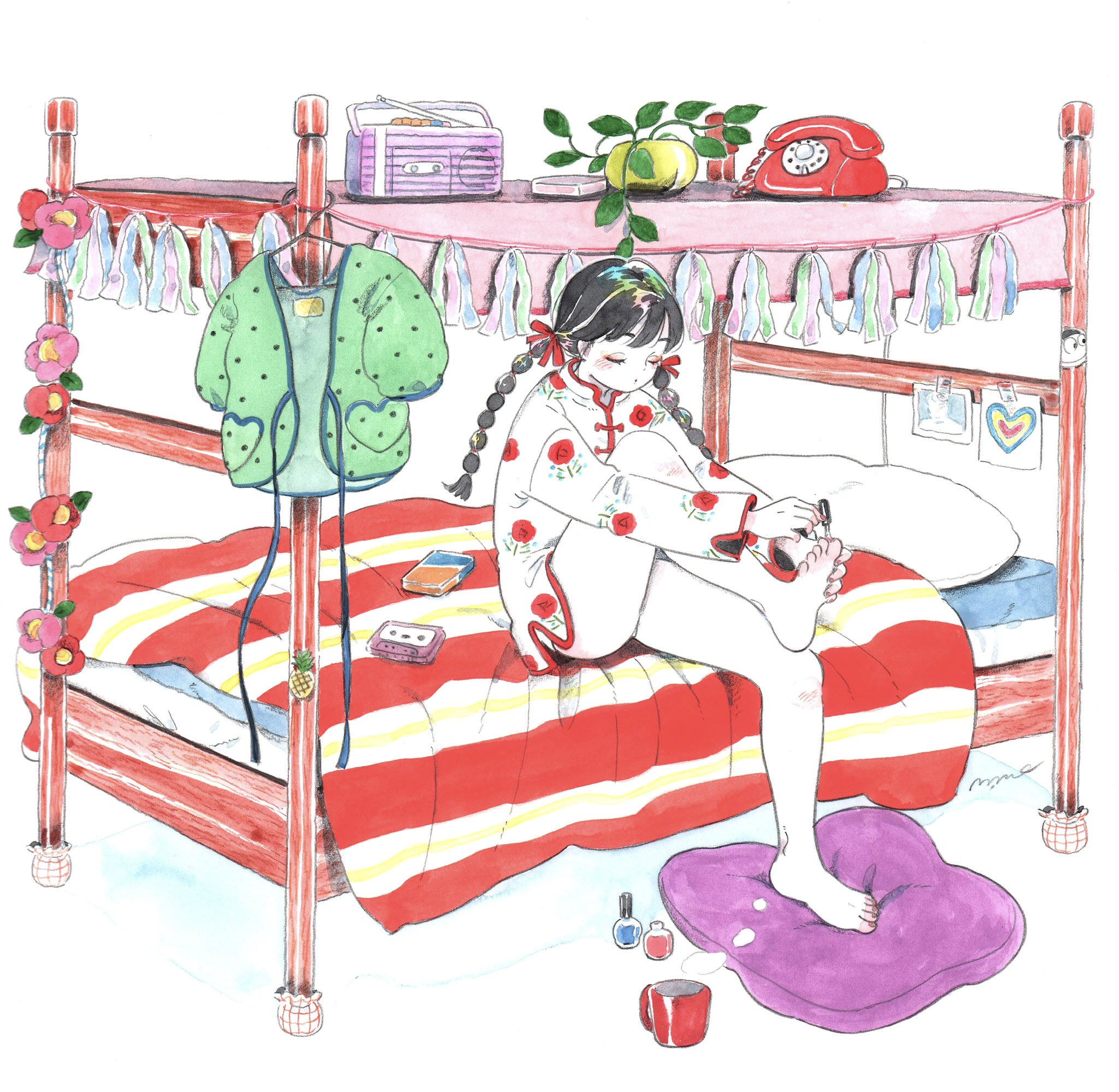 emamemamo33, original, highres, painting (medium), traditional media, watercolor (medium), 1girl, antique phone, applying pedicure, barefoot, bed, bow, braid, canopy bed, cassette player, cassette tape, chinese clothes, closed eyes, closed mouth, colored skin, cup, floral print, flower, foot blush, green jacket, hair bow, heart, jacket, low twin braids, nail polish, painting toenails, phone, plant, potted plant, radio, red nails, ribbon, rotary phone, shirt, simple background, solo, steaming cup, sticker, toenail polish, toenails, twin braids, white background, white shirt, white skin