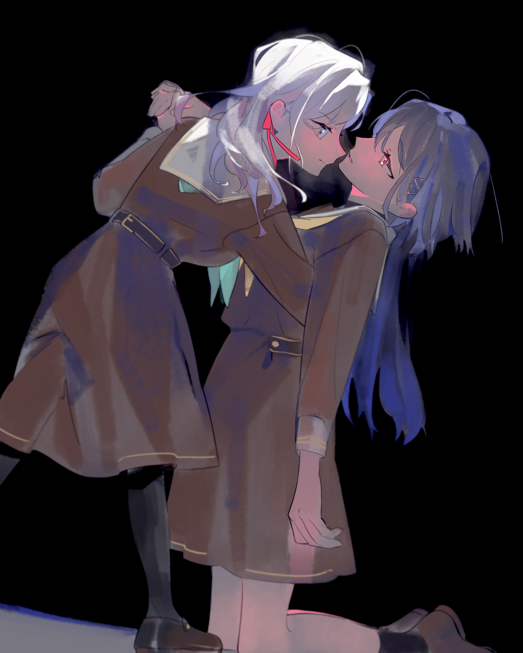 pipi (m1x mix), ceras yanagida lilienfeld, katsuragi izumi, link! like! love live!, love live!, absurdres, commentary, highres, 2girls, aqua neckerchief, black background, black pantyhose, black shoes, black socks, blue eyes, brown dress, brown shoes, closed mouth, dress, edel note, eye contact, foot out of frame, full body, grabbing another's hand, grey hair, hair ornament, hair ribbon, hasu no sora school uniform, jellyfish cut, kneeling, loafers, long hair, long sleeves, looking at another, mary janes, medium dress, multiple girls, neckerchief, orange eyes, pantyhose, parted lips, pleated dress, profile, purple eyes, red ribbon, ribbon, sailor collar, sailor dress, school uniform, shoes, simple background, socks, triangle hair ornament, virtual youtuber, white sailor collar, winter uniform, yellow neckerchief