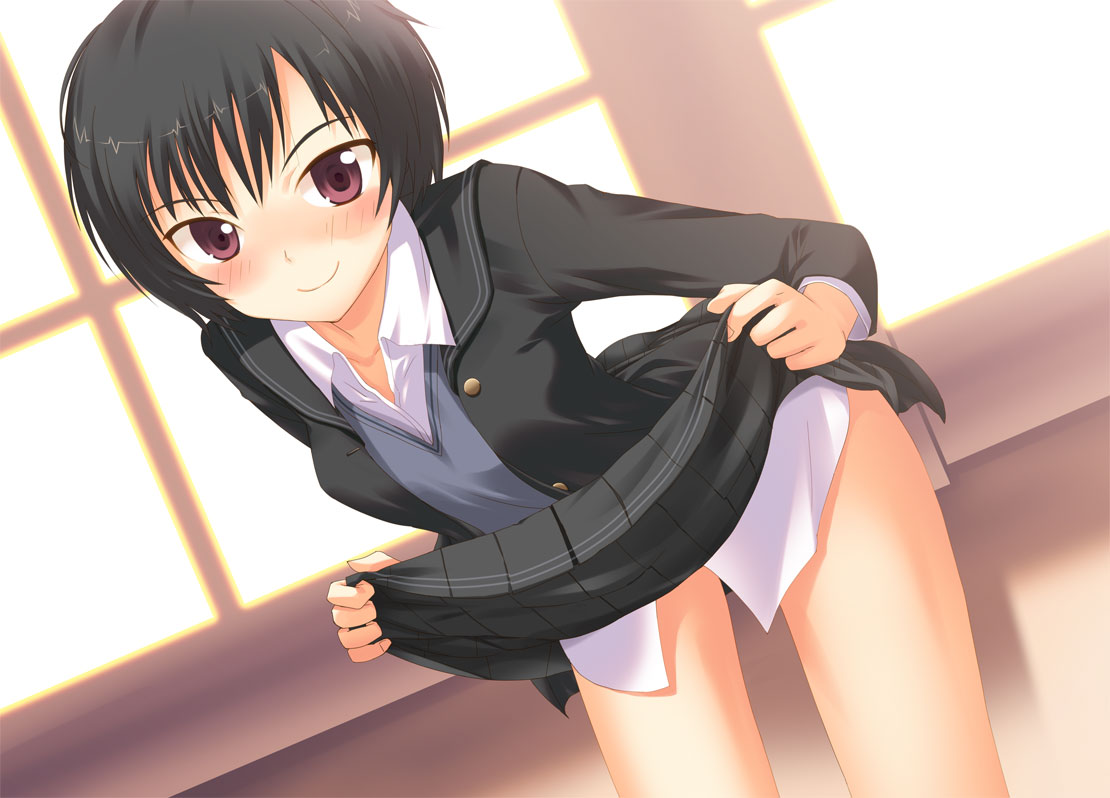 yamamoto shima, nanasaki ai, amagami, blush, clothes lift, red eyes, skirt, skirt lift, solo