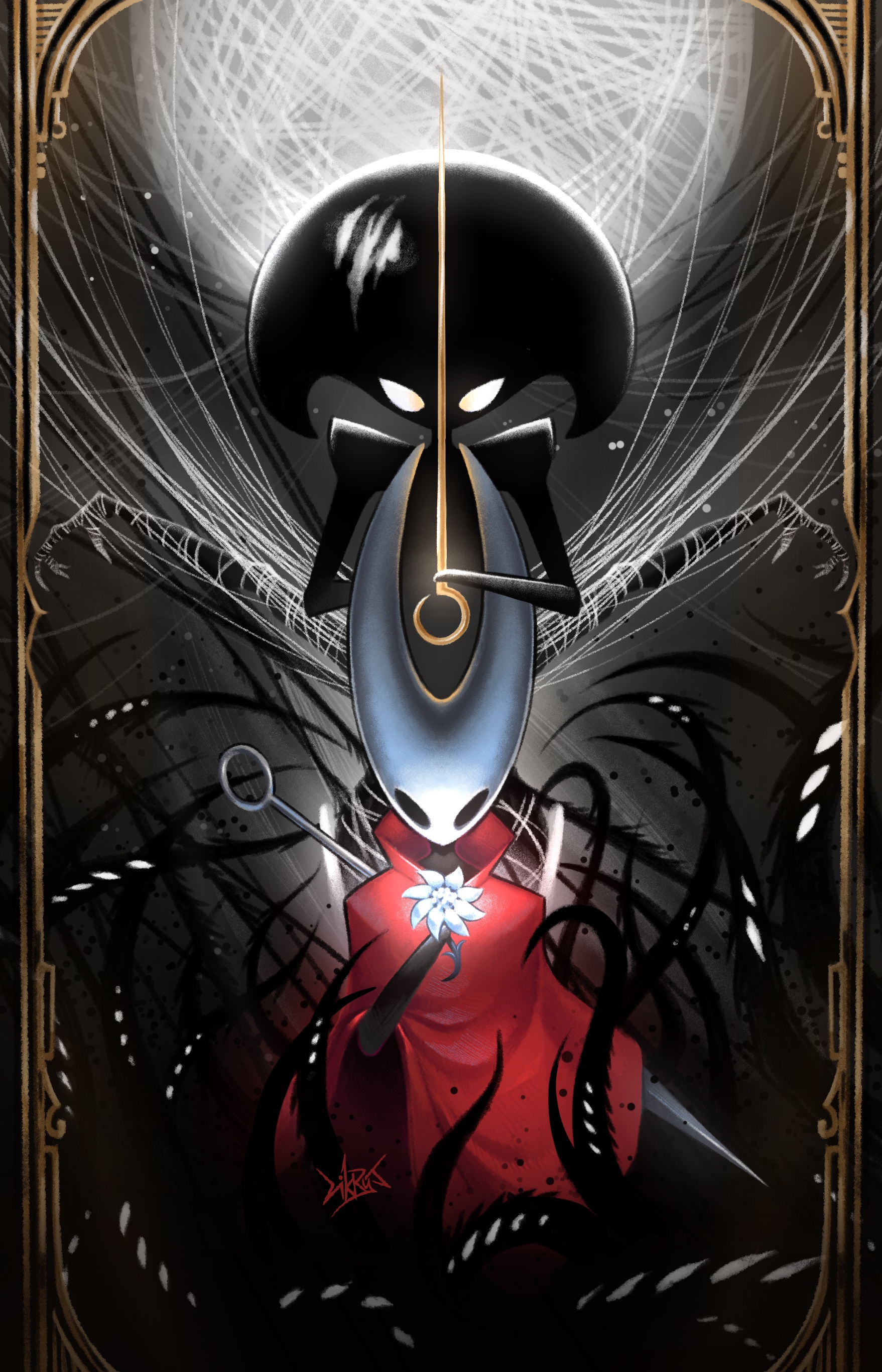 hornet (hollow knight), lace (hollow knight), hollow knight, hollow knight: silksong, absurdres, highres, spoilers, 3girls, arthropod girl, black skin, cloak, colored skin, flower, glowing flower, grand mother silk (hollow knight), holding, holding weapon, hollow eyes, likryt, lost lace, multiple girls, needle (hollow knight), needle sword, red cloak, silk, spider web, tentacles, weapon