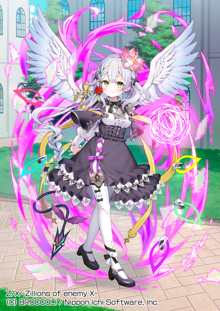 okanoyuno, z/x, official art, 1girl, arms behind back, aura, black bow, black capelet, black shoes, bow, bow legwear, braid, capelet, closed mouth, copyright notice, dragon tail, energy ball, feathered wings, flower, green eyes, grey hair, hair flower, hair ornament, long hair, lyrph (z/x), outdoors, pink flower, red flower, red rose, rose, shoes, side braid, single braid, solo, tail, white bow, white wings, wings