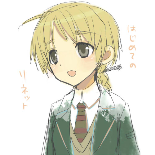 eitomo haruno, lynette bishop, strike witches, world witches series, eyebrows, striped, check translation, lowres, translation request, 00s, 1girl, :d, blonde hair, braid, brown eyes, collared shirt, dress shirt, female focus, jacket, japanese text, long sleeves, looking to the side, necktie, open mouth, shirt, simple background, single braid, smile, solo, sweater, sweater vest, text focus, upper body, white background, white shirt