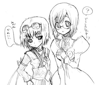 yukito mayumi, estellise sidos heurassein, rita mordio, tales of (series), tales of vesperia, questionmark, lowres, 00s, 2girls, ?, blush, glasses, gloves, goggles, greyscale, monochrome, multiple girls, short hair