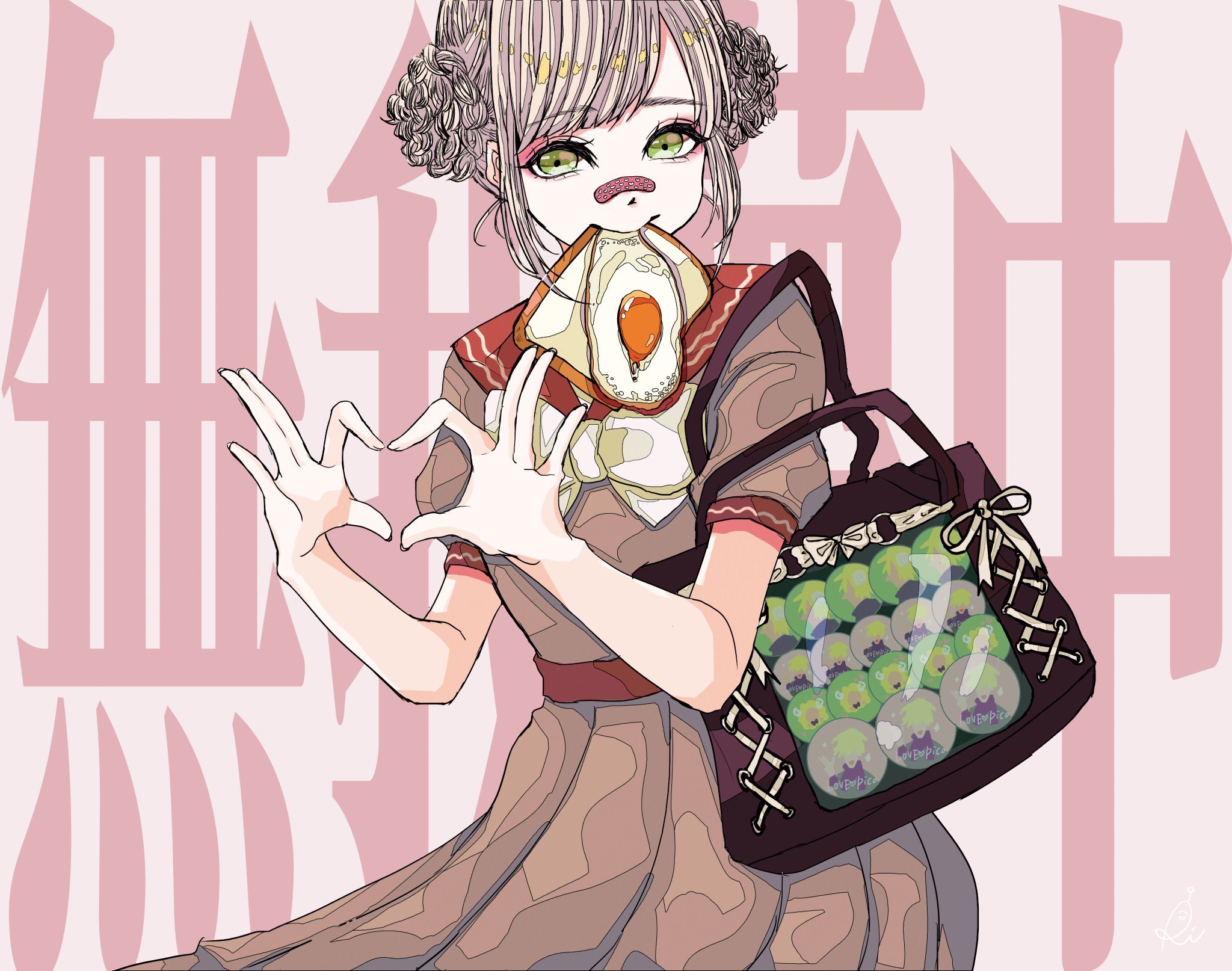 original, highres, 1girl, bandaid, bandaid on face, bandaid on nose, blonde hair, bow, braid, braided bun, bread, bread slice, brown dress, double bun, dress, food, food in mouth, four-finger heart hands, fried egg, fried egg on toast, green eyes, hair bun, heart, heart hands, itabag, mouth hold, pink background, pleated dress, puffy short sleeves, puffy sleeves, red sailor collar, rin (rinchoco91), sailor collar, short hair, short sleeves, solo, toast, toast in mouth, white bow