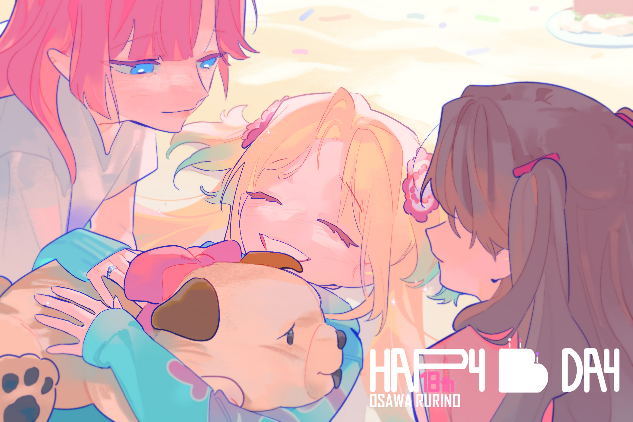pipi (m1x mix), anyoji hime, anyoji hime (summer loungewear), fujishima megumi, fujishima megumi (winter loungewear), osawa rurino, osawa rurino (winter loungewear), link! like! love live!, love live!, commentary, highres, 3girls, :d, blonde hair, blue eyes, blue hair, blue hoodie, brown hair, character age, character name, closed eyes, closed mouth, flower, gradient hair, grin, hair flower, hair ornament, happy birthday, hood, hoodie, jewelry, long hair, looking at another, lying, mira-cra park!, multicolored hair, multiple girls, official alternate costume, on back, open mouth, pink flower, pink hair, ring, shirt, short sleeves, sidelocks, smile, stuffed animal, stuffed dog, stuffed toy, t-shirt, twintails, two side up, virtual youtuber, wedding ring, white shirt