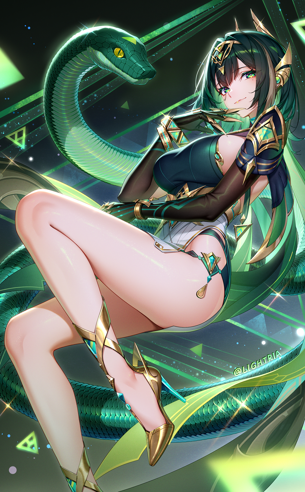 lightria, nefer (genshin impact), genshin impact, highres, 1girl, belt, black gloves, bracelet, breasts, chest jewel, claw ring, earrings, elbow gloves, eye tattoo, gloves, green eyes, green hair, green shirt, headpiece, high heels, jewelry, large breasts, looking at viewer, medium hair, miniskirt, shirt, skirt, smile, snake, solo, tattoo, thigh strap, usekh collar, white skirt