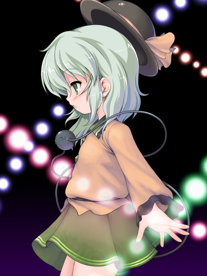 chabo (fuketsudan), komeiji koishi, touhou, 1girl, black hat, eyeball, female focus, gradient background, green eyes, green hair, green skirt, hat, hat ribbon, matching hair/eyes, ribbon, shirt, short hair, skirt, solo, yellow ribbon, yellow shirt