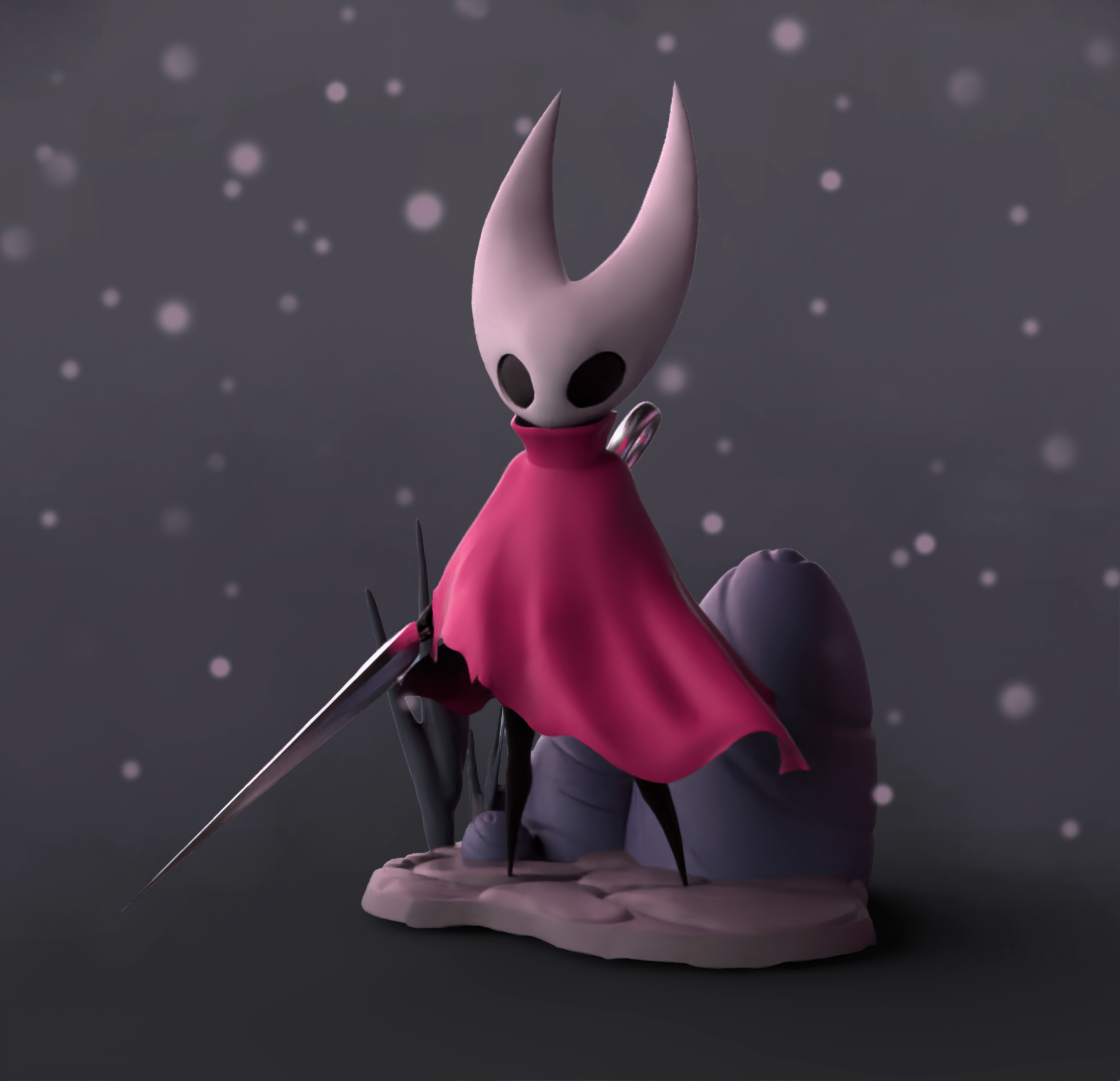 hornet (hollow knight), hollow knight, hollow knight: silksong, absurdres, highres, 1girl, 3d, arthropod girl, black eyes, black sclera, cloak, colored sclera, gradient background, grey background, holding, holding needle, holding weapon, horns, needle, red cloak, rock, snowflakes, snowing, soyzec, standing, weapon
