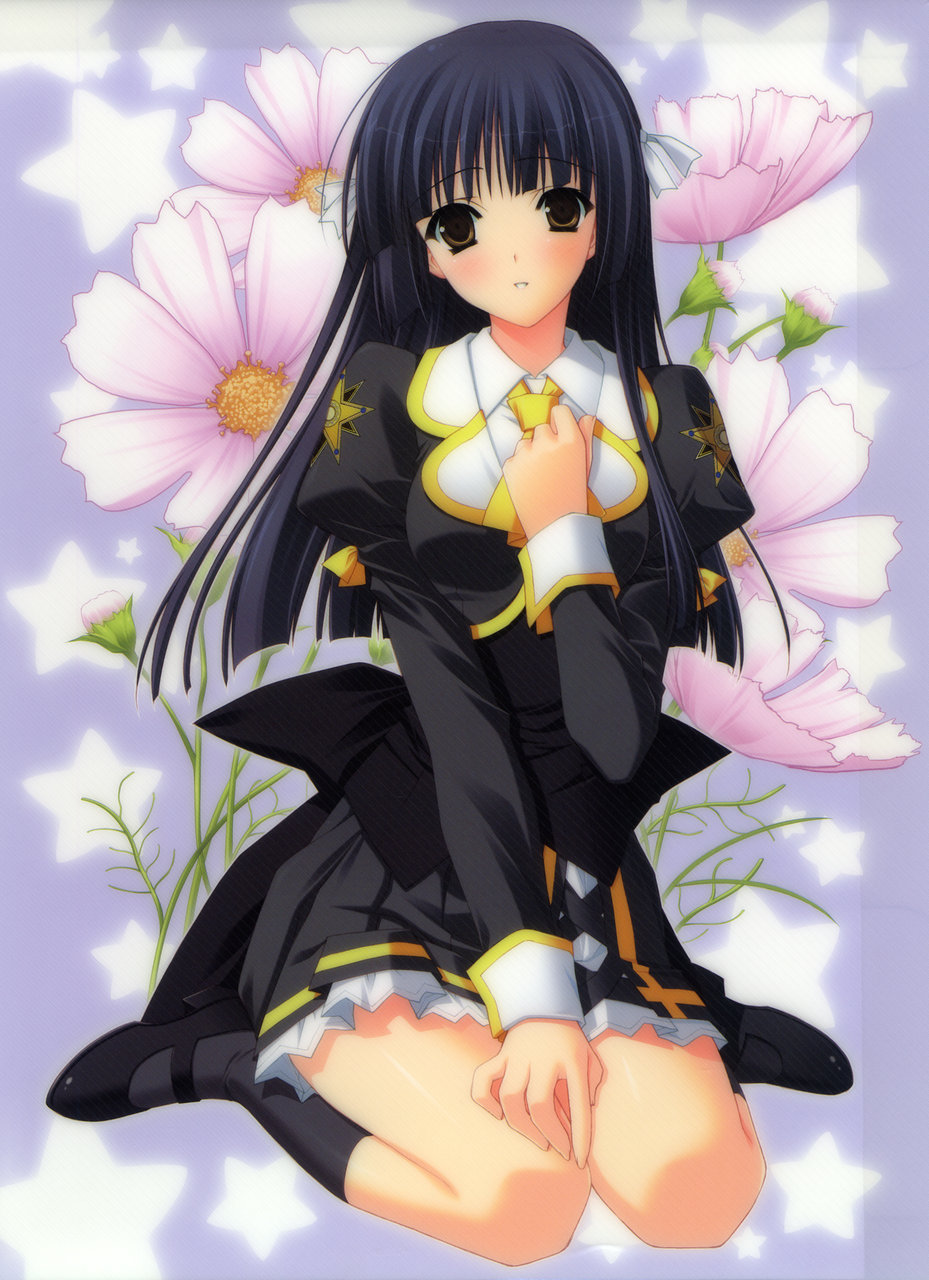 suzuhira hiro, himenomiya kaguya, stellar theater, highres, 1girl, black hair, blush, brown eyes, female focus, flower, long hair, neckerchief, school uniform, socks, solo, yellow neckerchief