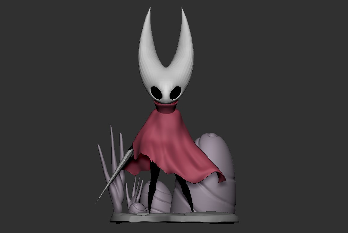 hornet (hollow knight), hollow knight, hollow knight: silksong, tagme, 1girl, 3d, arthropod girl, black eyes, black sclera, black skin, cloak, colored sclera, colored skin, grey background, holding, holding needle, holding weapon, horns, needle, red cloak, rock, soyzec, standing, weapon