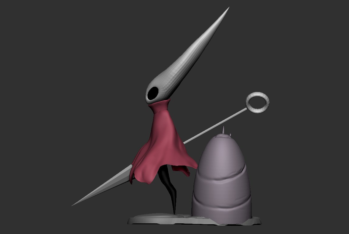 hornet (hollow knight), hollow knight, hollow knight: silksong, 1girl, 3d, arthropod girl, black eyes, black sclera, black skin, cloak, colored sclera, colored skin, from side, grey background, holding, holding needle, holding weapon, horns, needle, red cloak, rock, simple background, soyzec, standing, weapon