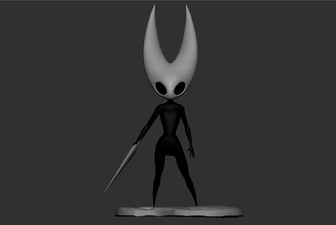 hornet (hollow knight), hollow knight, hollow knight: silksong, tagme, 1girl, 3d, arthropod girl, black eyes, black sclera, black skin, colored sclera, colored skin, completely nude, grey background, holding, holding needle, holding weapon, horns, needle, nude, simple background, soyzec, standing, weapon