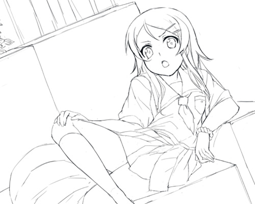 mizuki makoto, kousaka kirino, ore no imouto ga konna ni kawaii wake ga nai, lowres, greyscale, hair ornament, hairclip, monochrome, school uniform, serafuku, socks, solo