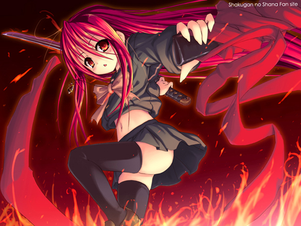 alastor (shakugan no shana), shana, shakugan no shana, non-web source, 00s, 1girl, black thighhighs, female focus, fire, jewelry, long hair, pendant, red eyes, red hair, red theme, school uniform, solo, sword, thighhighs, weapon, zettai ryouiki