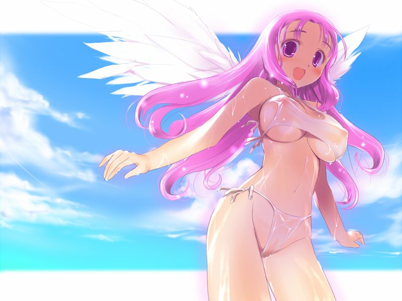 hima, lucia (dq), chunsoft, dragon quest, dragon quest iv, enix, 1girl, angel wings, bikini, blush, breasts, cloud, covered erect nipples, day, female focus, large breasts, long hair, open mouth, pink bikini, pink eyes, pink hair, see-through clothes, side-tie bikini bottom, sky, solo, swimsuit, wet, wings