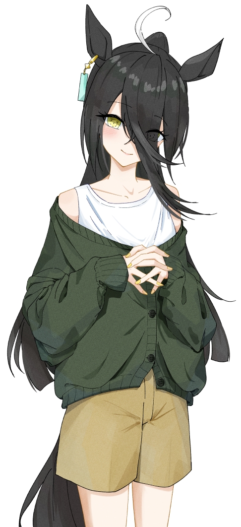 ka ga chi, manhattan cafe (umamusume), umamusume, 1girl, ahoge, animal ears, black hair, cardigan, closed mouth, ear ornament, ear tag, earrings, eyes visible through hair, green cardigan, green shorts, hair between eyes, hands up, horse ears, horse girl, horse tail, jewelry, long bangs, long hair, long hair between eyes, long sleeves, looking at viewer, multicolored hair, nail polish, shorts, simple background, single earring, smile, solo, straight-on, tail, tank top, very long hair, white background, white hair, white tank top, yellow eyes, yellow nails