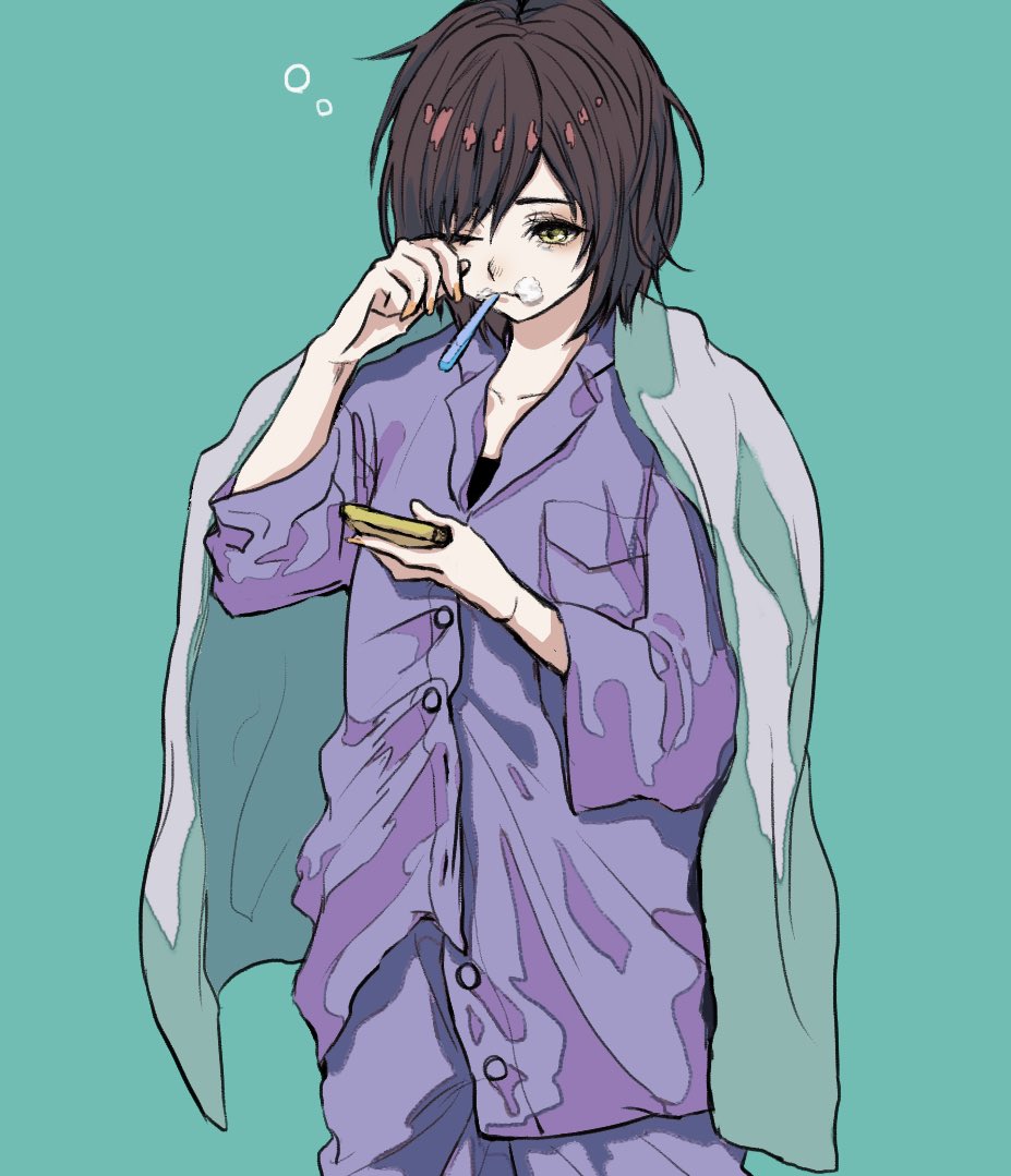 original, 1girl, aqua background, black hair, covering with blanket, green eyes, holding, holding phone, looking at phone, one eye closed, orange nails, oversized clothes, pajamas, phone, purple pajamas, rin (rinchoco91), rubbing eyes, short hair, simple background, solo, squeans, toothbrush, toothbrush in mouth