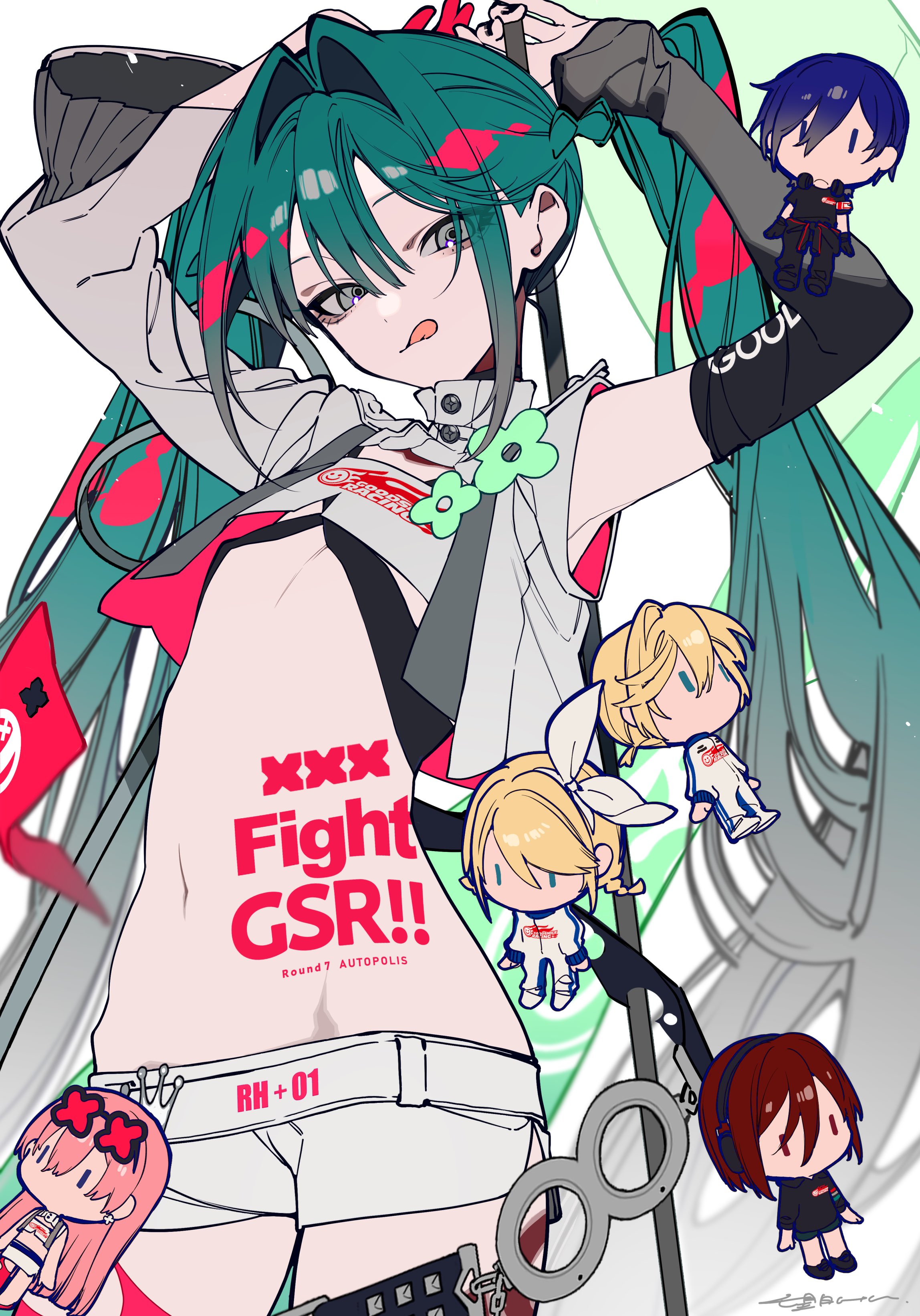 mochizuki kei, hatsune miku, kagamine len, kagamine rin, racing miku, goodsmile company, goodsmile racing, absurdres, highres, 1girl, arm up, bikini, blonde hair, chibi, eyewear on head, green eyes, green hair, hair between eyes, looking at viewer, navel, pink hair, red hair, solo, super gt, swimsuit, tongue, tongue out, twintails
