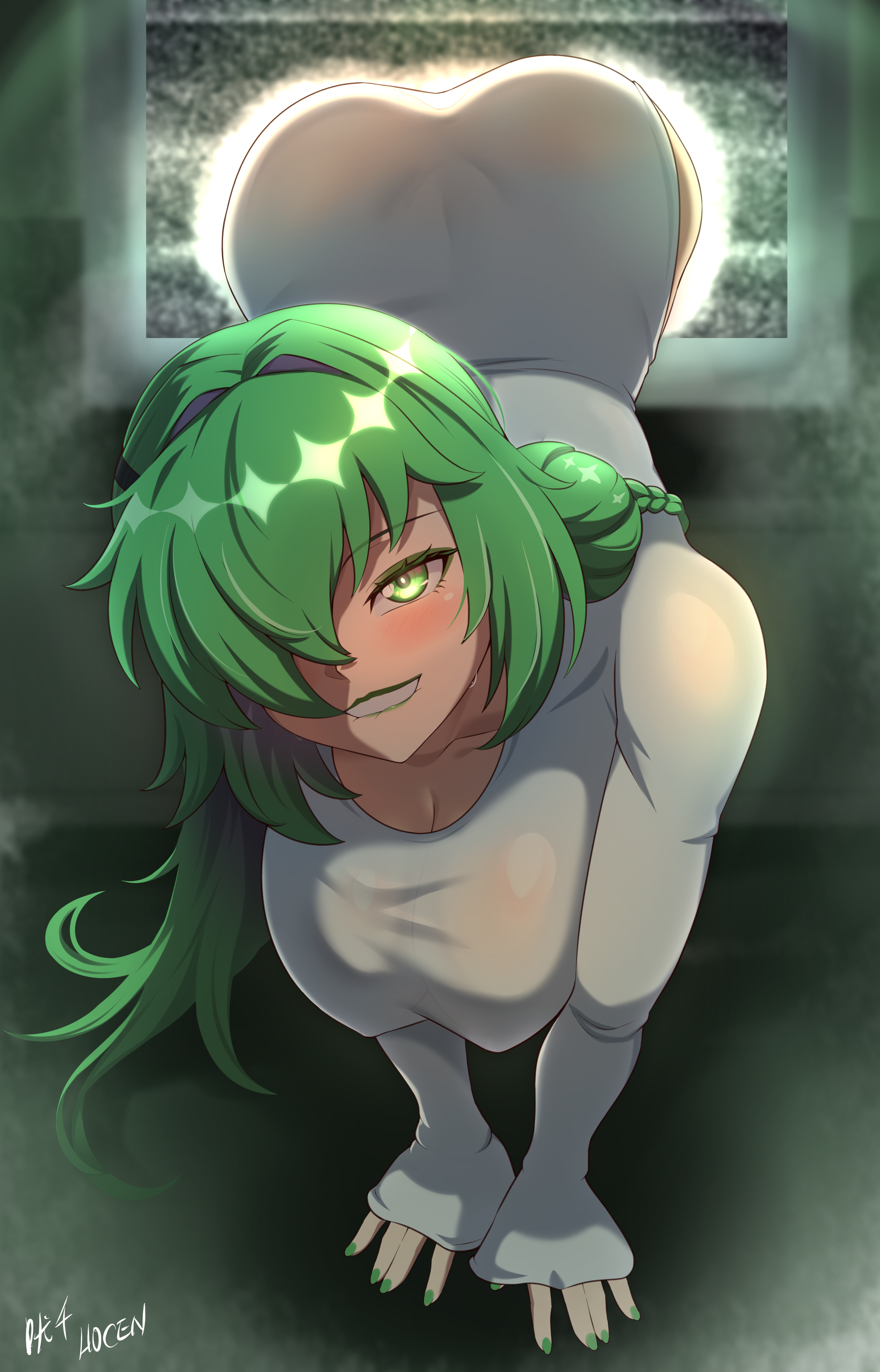 vilde loh hocen, original, the ring, absurdres, highres, 1girl, alternate costume, artist name, biting own lip, breasts, cleavage, green eyes, green hair, hair over one eye, large breasts, long hair, static, television