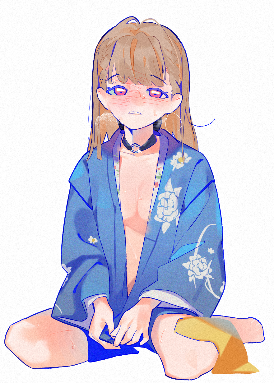 pipi (m1x mix), kachimachi kosuzu, momose ginko, momose ginko (summer casual), link! like! love live!, love live!, commentary request, highres, 1girl, black choker, blush, borrowed clothes, braid, breasts, brown hair, center-flap bangs, choker, cleavage, floral print, floral print kimono, full-face blush, japanese clothes, kimono, long hair, o-ring, o-ring choker, open clothes, open kimono, parted lips, pink eyes, print kimono, side ahoge, side braids, simple background, sitting, small breasts, solo, sweat, virtual youtuber, white background, yokozuwari