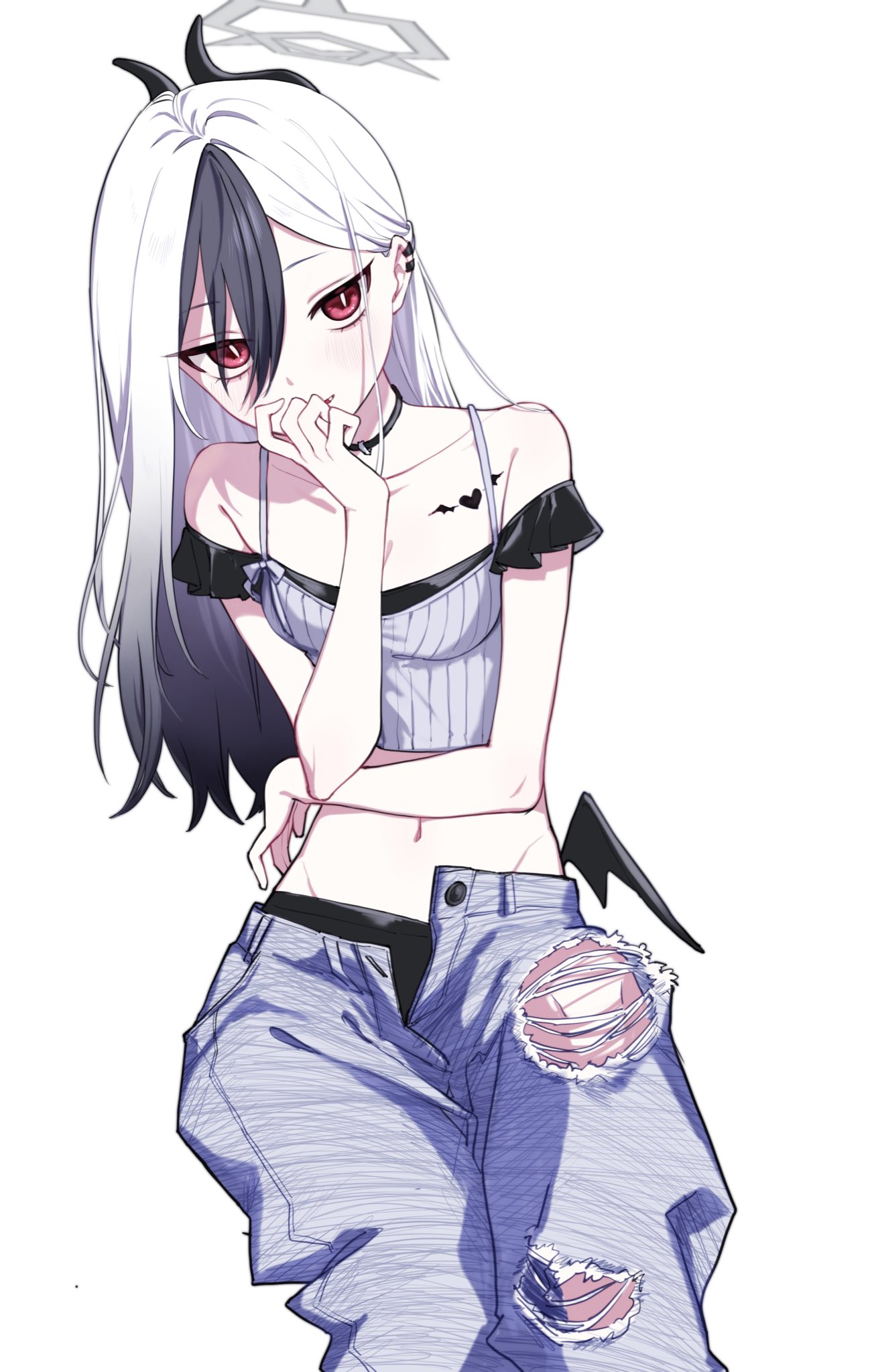 kisaka, kayoko (blue archive), blue archive, commentary, highres, symbol-only commentary, 1girl, black choker, black horns, black shorts, black wings, blush, breasts, camisole, choker, collarbone, demon horns, denim, ear piercing, grey camisole, grey pants, groin, hair between eyes, horns, jeans, long hair, looking at viewer, multicolored hair, navel, pants, parted lips, piercing, red eyes, shorts, single wing, small breasts, solo, tattoo, torn clothes, torn jeans, torn pants, two-tone hair, white hair, wings