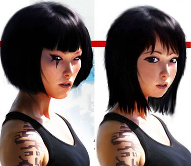 faith connors, mirror's edge, mirror's edge (series), lowres, official art, third-party edit, 1girl, black hair, blue eyes, comparison, short hair, tattoo