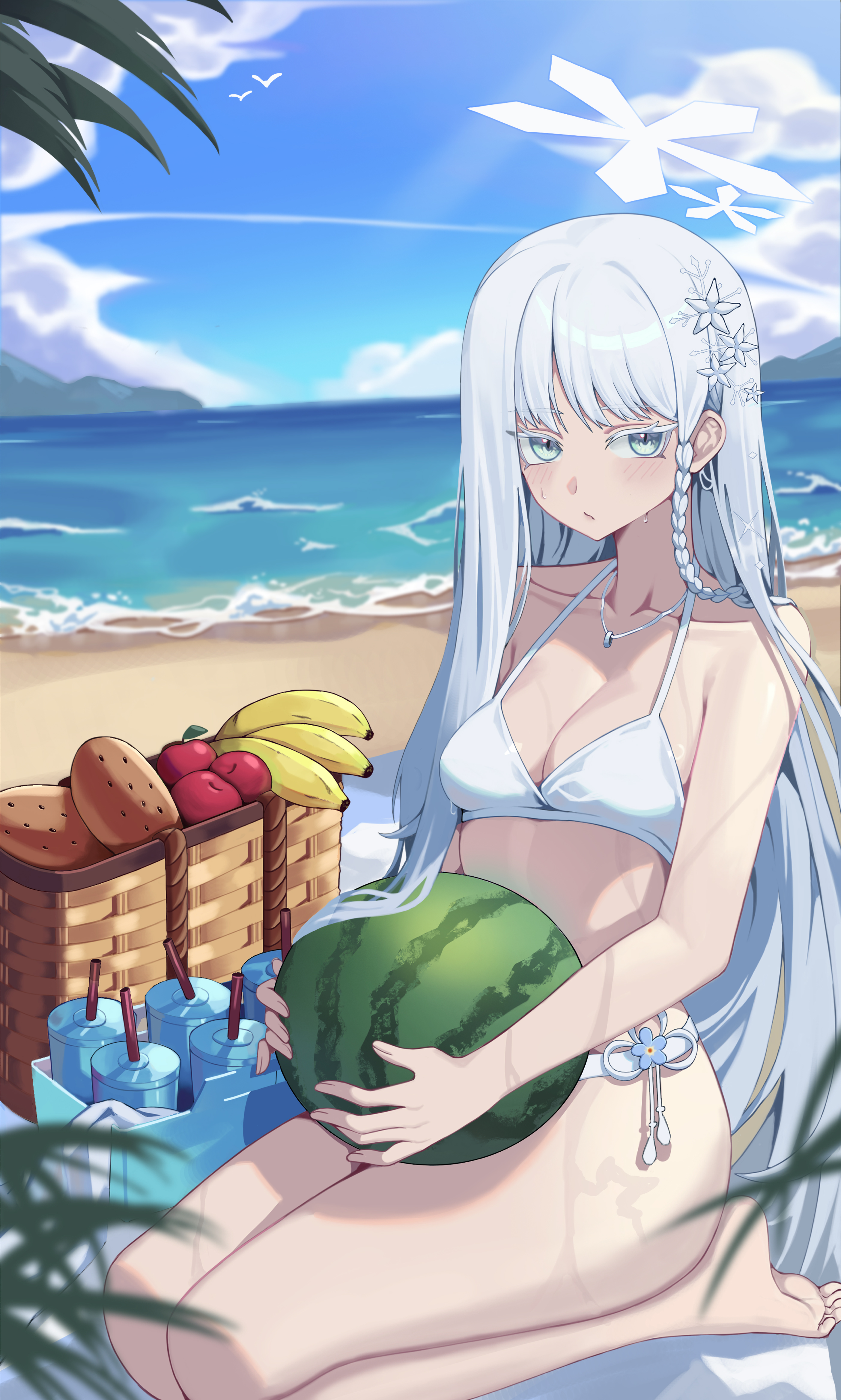nagusa (blue archive), nagusa (swimsuit) (blue archive), blue archive, absurdres, commentary, english commentary, highres, mixed-language commentary, 1girl, apple, banana, bare shoulders, beach, bikini, blue sky, braid, breasts, cleavage, collarbone, colored eyelashes, cup, eyelashes, food, fruit, hair ornament, halo, haori, holding, holding food, holding fruit, holding watermelon, japanese clothes, jewelry, ley reishiro, light blush, long hair, looking at viewer, medium breasts, mountainous horizon, necklace, ocean, official alternate costume, outdoors, ring, ring necklace, sand, seiza, simple bird, sitting, sky, snowflake hair ornament, snowflake halo, solo, straw bag, summer, sweat, swimsuit, watermelon, white bikini, white eyelashes, white eyes, white hair, white halo, white haori