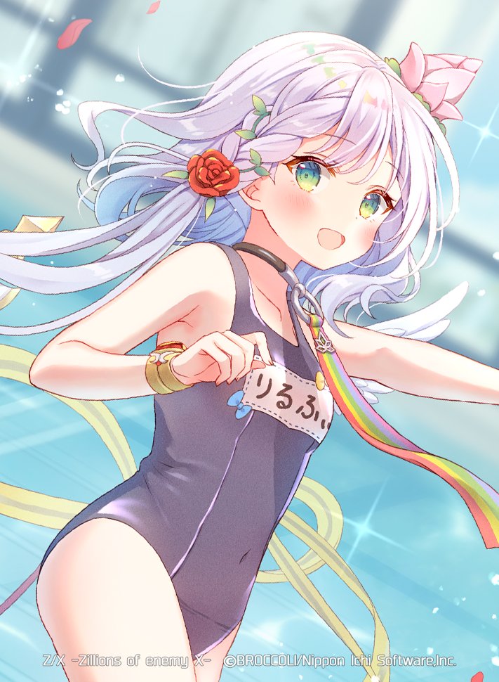 serino itsuki, z/x, official art, 1girl, blue bow, bow, bow swimsuit, braid, copyright notice, covered navel, dragon tail, feathered wings, flower, green eyes, grey hair, hair flower, hair ornament, leaf hair ornament, long hair, looking at viewer, lyrph (z/x), name tag, open mouth, pink flower, pink petals, pool, rainbow ribbon, red flower, red rose, rose, school swimsuit, side braid, single braid, solo, sparkle, swimsuit, tail, white wings, wings