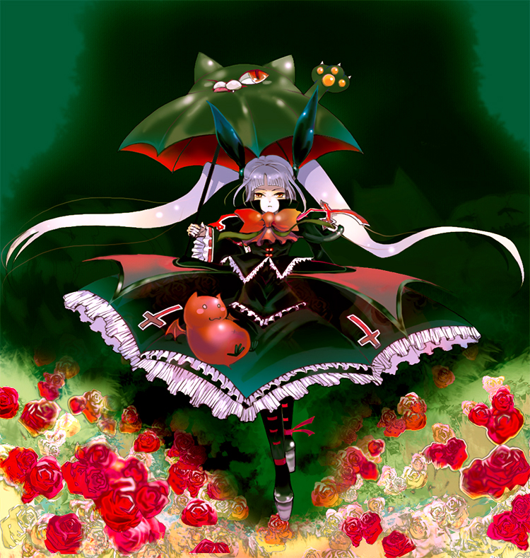 hanamiboshi, maani, gii, nago, rachel alucard, arc system works, blazblue, silver hair, bad id, bad pixiv id, 1girl, cat, dress, female focus, flower, gothic lolita, lolita fashion, long hair, red eyes, rose, solo, twintails, umbrella