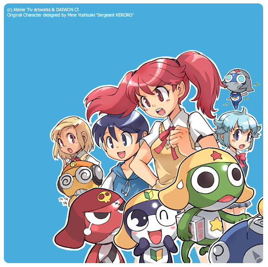 tiv, angol mois, dororo (keroro gunsou), giroro, hinata fuyuki, hinata natsumi, keroro, kururu (keroro gunsou), nishizawa momoka, tamama, keroro gunsou, archived source, bad link, :d, alien, artist name, belt, belt buckle, black belt, black eyes, black hair, blinking inside eyes, blonde hair, blue eyes, blue hood, blue hoodie, blush stickers, border, bow, bowtie, box, breasts, buckle, clenched hand, coke-bottle glasses, copyright notice, crossed arms, dot nose, drawstring, english text, eyelashes, frog, glasses, grey hat, grey mask, grey veil, hair between eyes, hair ornament, hair tuft, hairclip, hat, headphones, holding, holding box, hood, hood down, hoodie, kero ball, leaf, mask, medium breasts, mouth mask, neck ribbon, ninja mask, one eye closed, open mouth, orange hat, outline, pink hair, red bow, red bowtie, red eyes, red hat, red ribbon, ribbon, school uniform, sheath, sheathed, short sleeves, shoshinsha mark, shoulder belt, shuriken print, sidelocks, single tear, skull print, smile, solid circle eyes, spiral print, star (symbol), star print, sweatdrop, sweater vest, tan, teeth, tongue, twintails, undershirt, v-shaped eyebrows, v-shaped eyes, veil, white border, white outline, white sleeves, wing collar, yellow hat, yellow sweater vest