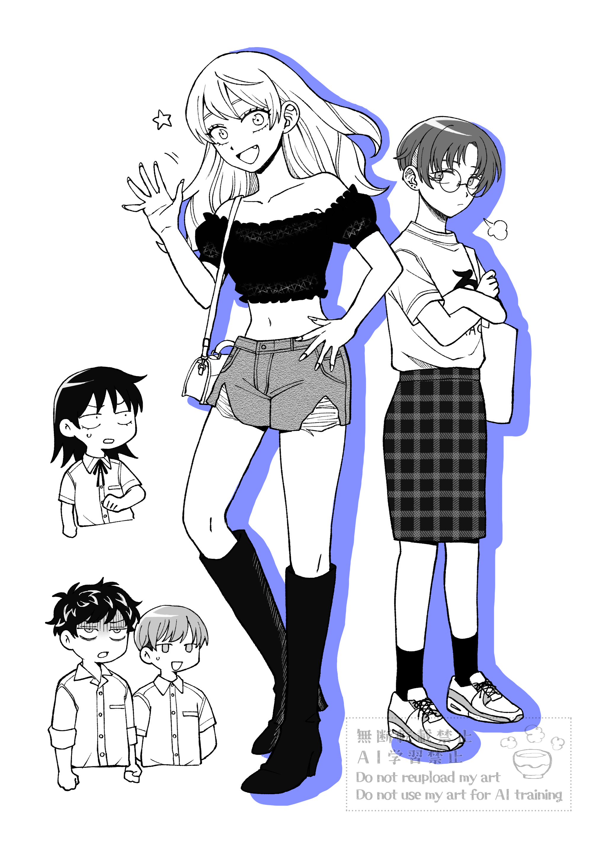 hatono chihiro, mizuo haruichi, takami kouki, tatsumi reiha, futsuu no keion-bu, small pupils, absurdres, commentary request, highres, 2boys, 3girls, :d, annoyed, bag, blue outline, boots, chamame (553511bshm), collared shirt, crop top, cropped torso, crossed arms, denim, denim shorts, dress shirt, ear piercing, fang, frilled shirt, frills, full body, glasses, hand up, handbag, long hair, looking at another, looking at viewer, midriff, monochrome, multiple boys, multiple girls, navel, neck ribbon, nikaidou mawari, off-shoulder shirt, off shoulder, open mouth, outline, parted bangs, piercing, plaid clothes, plaid skirt, print shirt, puff of air, puffy short sleeves, puffy sleeves, ribbon, round eyewear, shaded face, shirt, shoes, short hair, short shorts, short sleeves, shorts, shoulder bag, skirt, smile, sneakers, socks, spot color, standing, t-shirt, undercut, unmoving pattern, watermark, waving