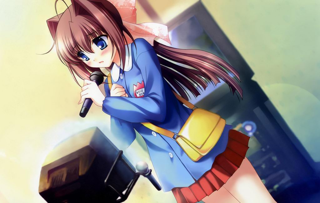 kayura yuka, asakura otome, da capo, da capo ii, 1girl, bag, blue eyes, brown hair, cosplay, dutch angle, female focus, handbag, indoors, karaoke, kindergarten, kindergarten uniform, microphone, miniskirt, school uniform, skirt, solo