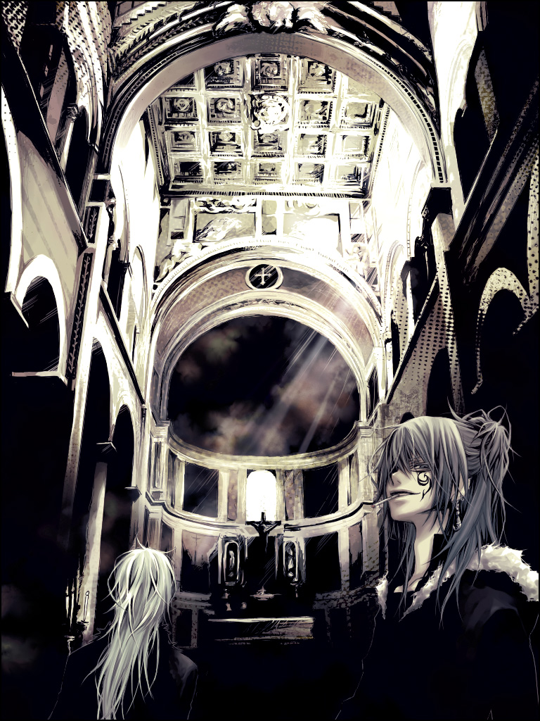 azuma yuuki, yuzuki (pixiv120419), original, bad id, bad pixiv id, gender request, androgynous, cathedral, church, cigarette, grey hair, long hair, tattoo, white hair