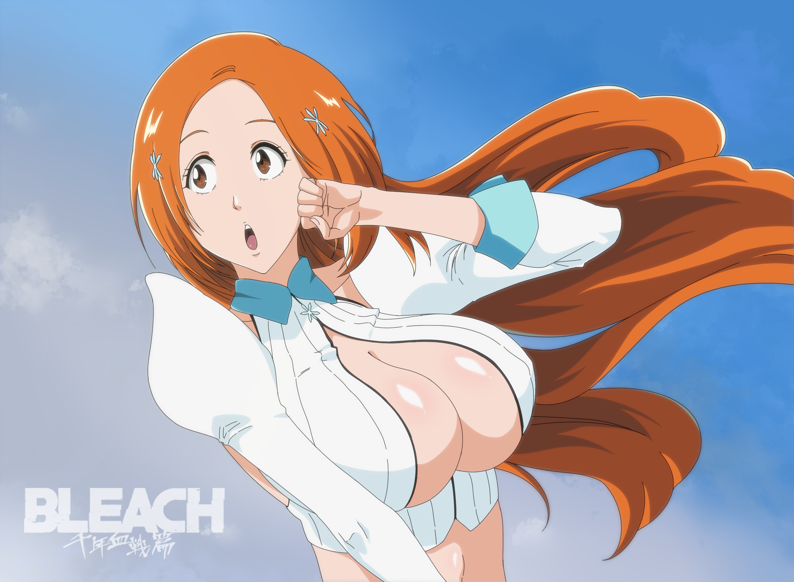 sha11021997, inoue orihime, bleach, bleach: sennen kessen-hen, commentary, derivative work, highres, 1girl, anime coloring, blue sky, breasts, brown eyes, brown hair, cleavage, cleavage cutout, clenched hand, clothing cutout, collared shirt, copyright name, crop top, day, detached sleeves, eyelashes, floating hair, forehead, hair ornament, hairpin, hand up, huge breasts, juliet sleeves, long hair, long sleeves, looking to the side, outdoors, parted bangs, puffy sleeves, shirt, sky, sleeveless, sleeveless shirt, tareme, upper body, very long hair, white shirt