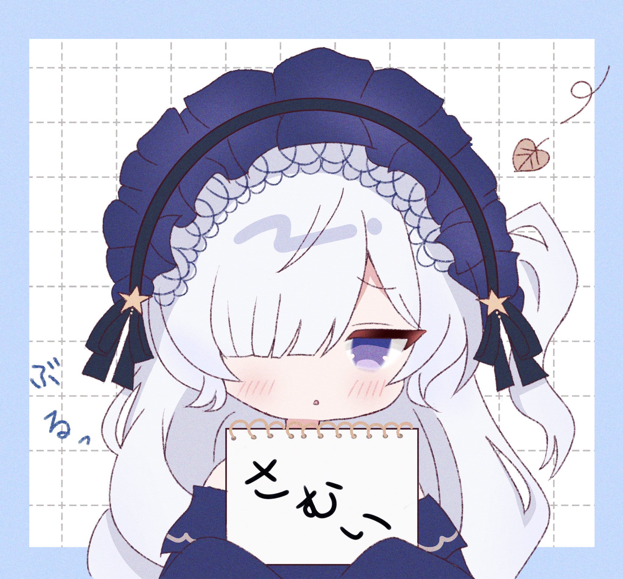 yua 666666, natsume an-an, mahou shoujo no majo saiban, commentary, highres, translated, 1girl, blue dress, blue hairband, dress, gothic lolita, hair over one eye, hairband, holding, holding sketchbook, leaf, lolita fashion, lolita hairband, long hair, looking at viewer, parted lips, purple eyes, simple background, sketchbook, solo, very long hair, white hair