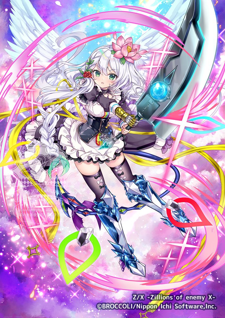 hinata momo, z/x, official art, 1girl, armored boots, aura, black bow, black dress, black thighhighs, boots, bow, bow legwear, braid, copyright notice, dragon tail, dress, feathered wings, flower, frilled dress, frills, green eyes, grey hair, hair flower, hair ornament, holding, holding sword, holding weapon, huge weapon, leaf hair ornament, light particles, long hair, lyrph (z/x), multicolored dress, open mouth, pink flower, red flower, red rose, rose, side braid, single braid, solo, sword, tail, thighhighs, weapon, white bow, white dress, white wings, wings