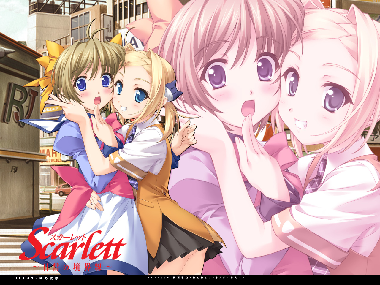 akino takehiko, bettou izumi-shizuka scarlett, katase yuki, mizuiro, scarlett, 00s, 2girls, blonde hair, blue eyes, bow, brown hair, multiple girls, short hair, yellow bow