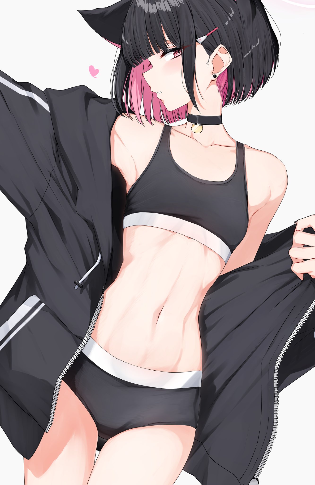 isocha, kazusa (blue archive), blue archive, commentary request, highres, 1girl, animal ears, black buruma, black choker, black jacket, black sports bra, black sports panties, blunt bangs, breasts, buruma, cat ears, choker, colored inner hair, extra ears, hair ornament, hairclip, heart, hood, hooded jacket, jacket, looking at viewer, multicolored hair, navel, parted lips, pink eyes, pink hair, short hair, simple background, small breasts, solo, sports bra, sports panties, stomach, undressing, white background