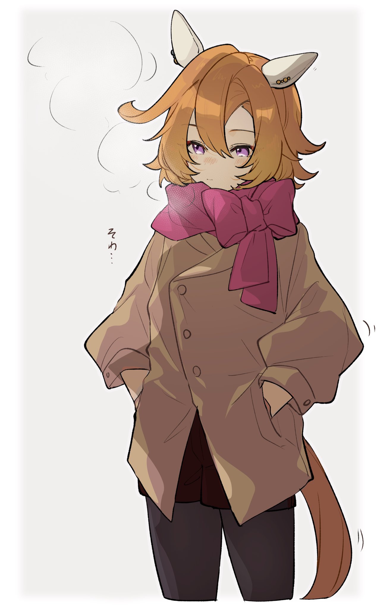amano (amano miko), t.m. opera o (umamusume), umamusume, highres, 1girl, alternate costume, animal ears, black pantyhose, black shorts, blush, breath, brown coat, buttons, coat, cold, cowboy shot, ear covers, hair between eyes, hands in pockets, horse ears, horse girl, horse tail, light blush, looking down, motion lines, nose blush, orange hair, pantyhose, pink scarf, purple eyes, scarf, shorts, simple background, solo, standing, tail, white background