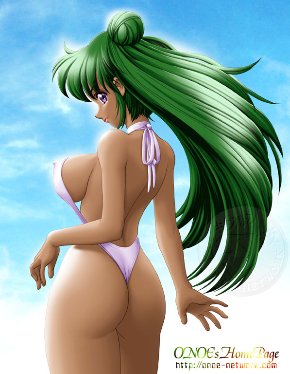 onoe, meiou setsuna, bishoujo senshi sailor moon, 1990s (style), 1girl, artist name, ass, backboob, bikini, black eyes, breasts, covered erect nipples, dark-skinned female, dark skin, female focus, green hair, hair bun, half updo, large breasts, long hair, looking back, ponytail, purple eyes, retro artstyle, sideboob, single hair bun, slingshot swimsuit, solo, swimsuit, watermark, web address, white bikini, white slingshot swimsuit
