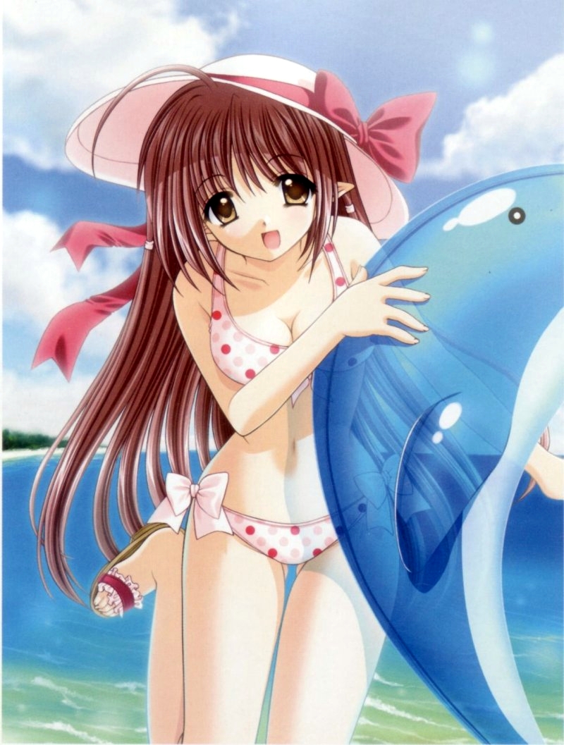 nishimata aoi, lisianthus, shuffle!, official art, 00s, 1girl, beach, bikini, breasts, brown eyes, brown hair, cleavage, day, female focus, long hair, medium breasts, outdoors, pointy ears, polka dot, polka dot bikini, polka dot swimsuit, solo, swimsuit